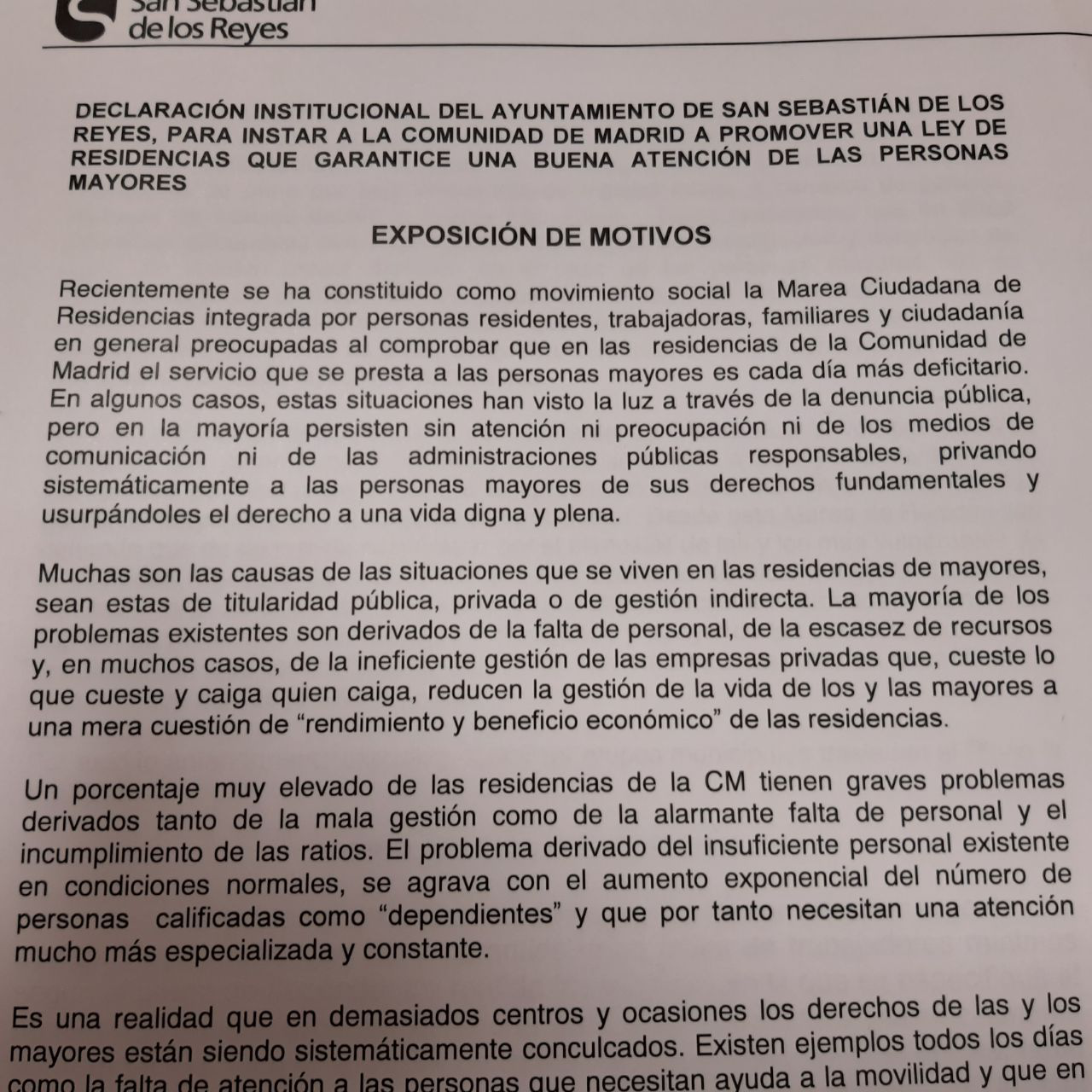 Texto moción al Ayuntamiento San Sebastián Reyes