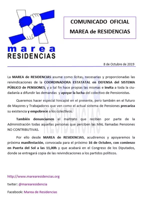 Comunicado 8 Octubre 2019 Apoyo a pensionistas